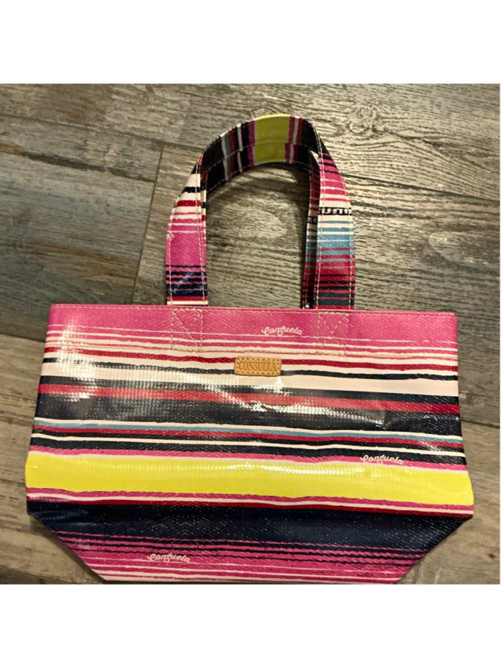 Consuela Striped Multicolor Mini Tote Bag Double Handles Logo Accent Women